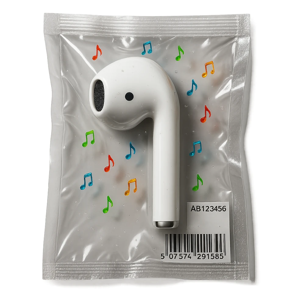 single white EarPod with scattered tiny rainbow glass music notes, glossy sticker