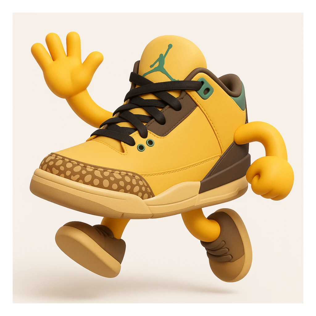 Create a sneaker character in a jumping pose with arms and legs, inspired by the reference image, in a 3D emoji style. The style should resemble Microsoft style 3D fluent emojis with a playful and dynamic pose. sticker