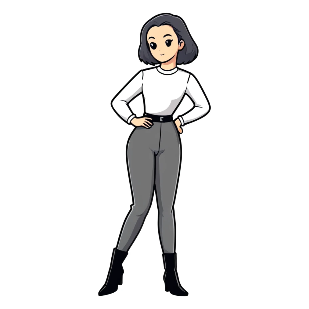 female character with oval-shaped flat-top head wearing tight black pants and black medieval high-heeled boots sticker