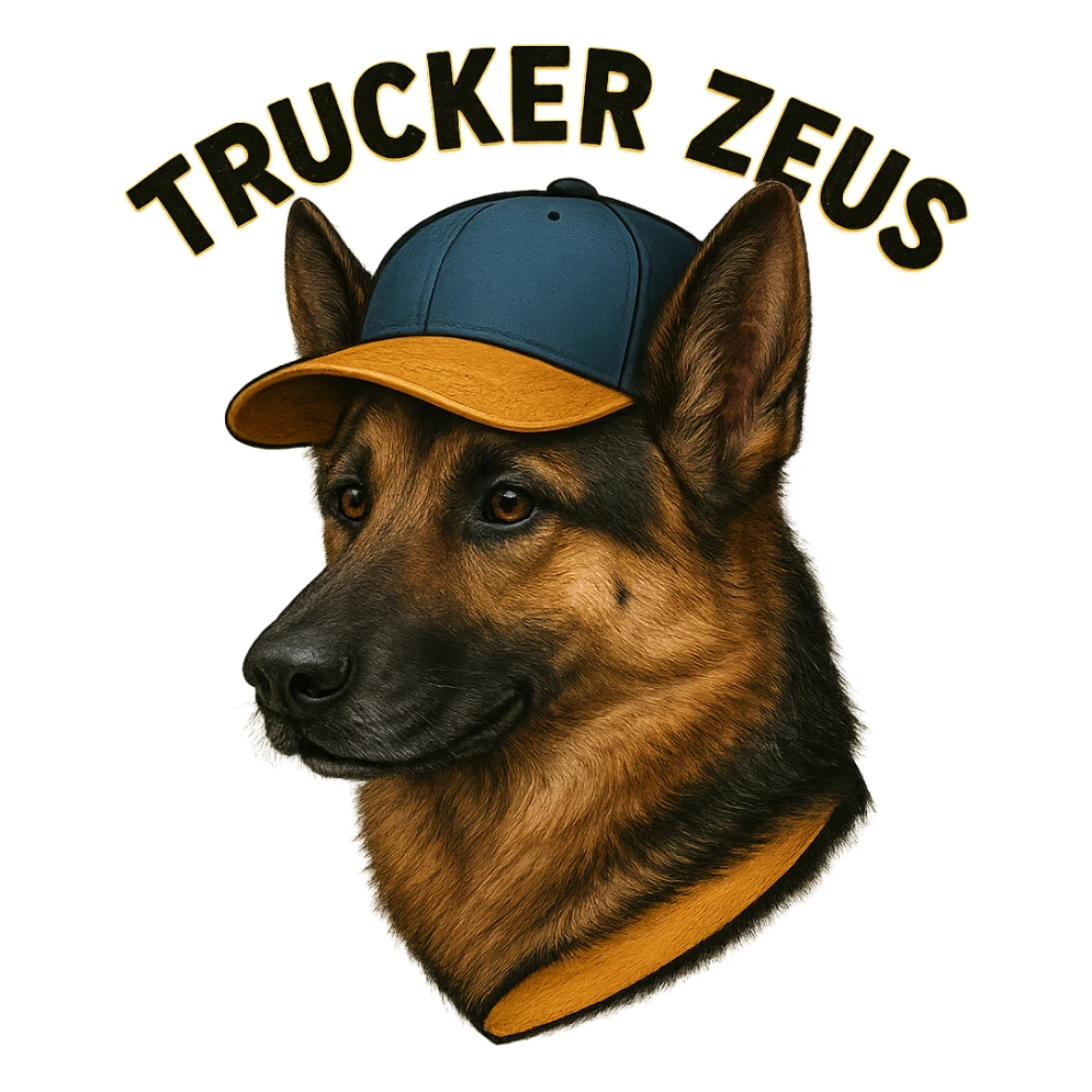 Make the German Shepherd dog more realistic, keep the words 'Trucker Zeus' over top, preserve the original style. Remove the background. The original style is a detailed illustration with text overlay. sticker