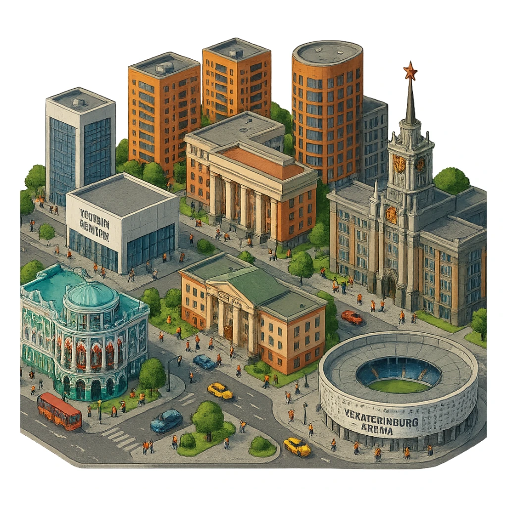 Изометричная миниатюрная фотореалистичная 3D модель Екатеринбурга - Дом Севастьянова, Ельцин-центр, Уральский федеральный университет, дома, Екатеринбург Арена, Медный дом, Здание Свердловского городского совета народных депутатов четкая детализация, яркие цвета, мультяшный реализм, люди, автотранспорт, компактная композиция, вид сверху в изометрии, прозрачный фон sticker