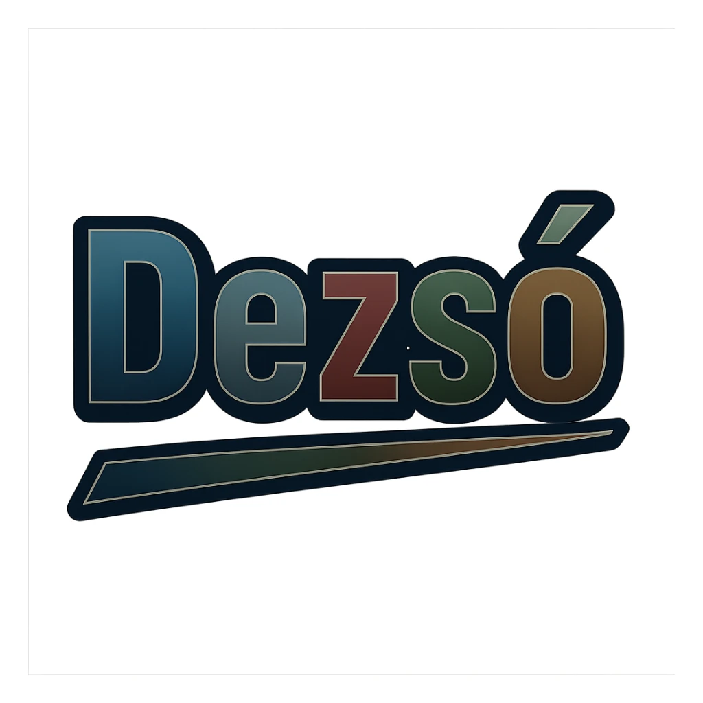 Dezső name in masculine, modern gradient font with dark contour and thin white edging, dynamic slanted underline, masculine color shades (blue, gray, burgundy, green, brown), 1000x1000 px, PNG, transparent background, in the style of the uploaded Attila sample. sticker