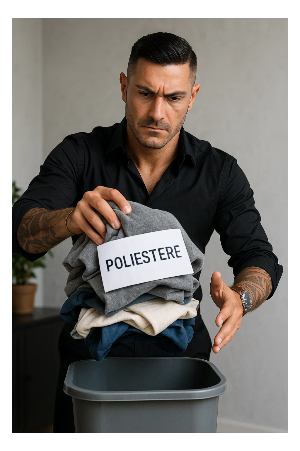 Create a realistic vertical image of a man (like in the reference photo) holding a pile of clothes with "poliestere" labels and throwing them into a container. The man has a determined expression, professional atmosphere, natural details, and aspect ratio 2:3. sticker