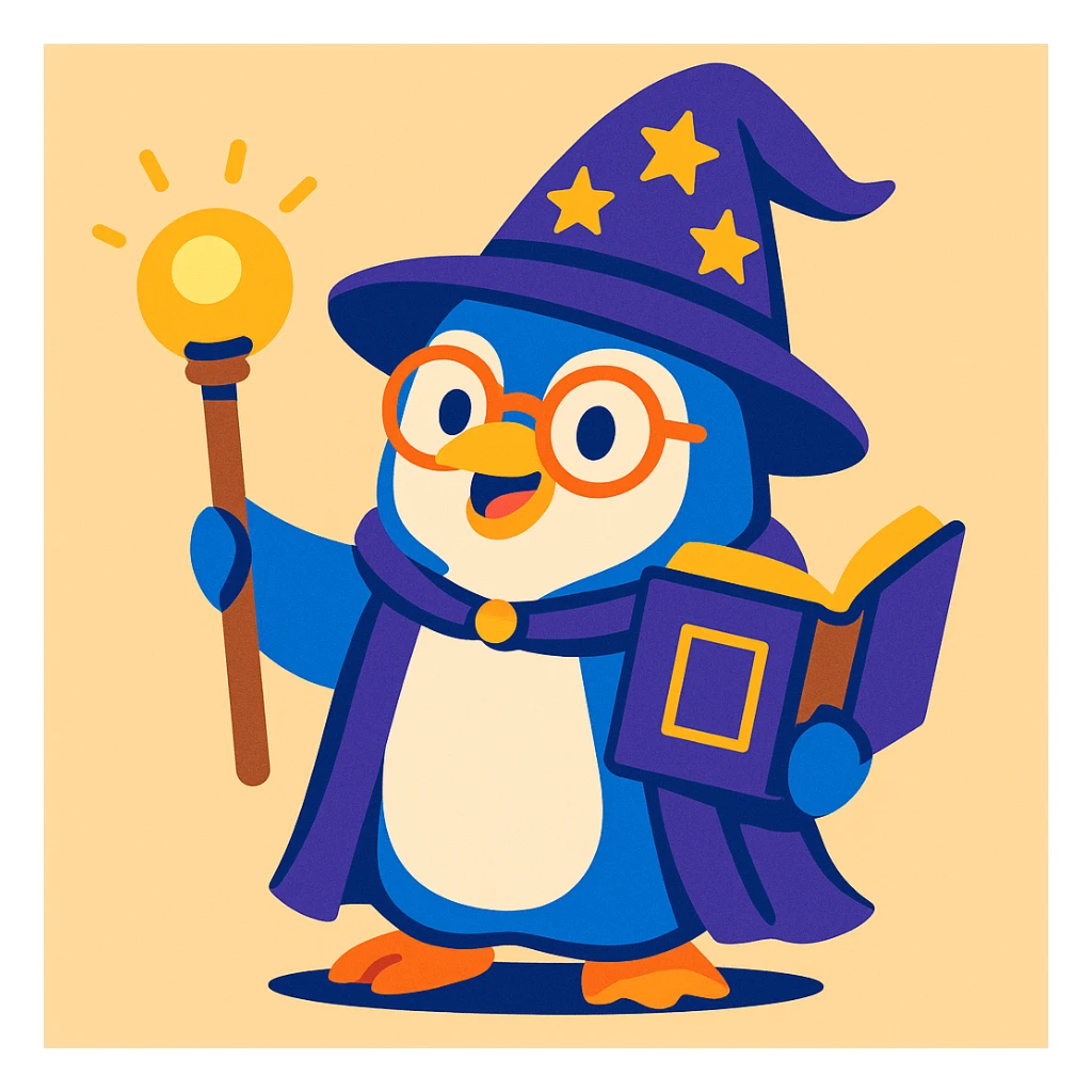 a stylized penguin wizard with glasses, a spellbook, and a glowing staff, in a playful illustration style sticker