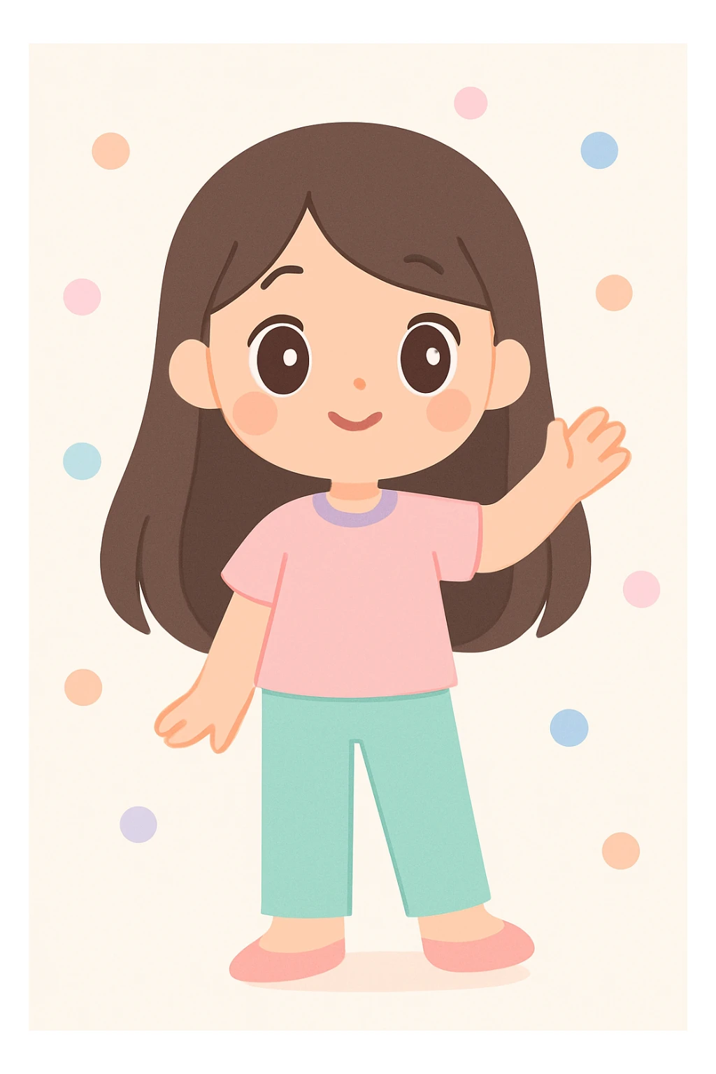 cute brunette girl with long hair, charming and friendly pose, white background sticker