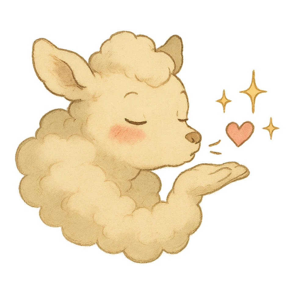vanilla-colored cloud doe blowing a kiss with sparkles and rosy cheeks, soft and dreamy Ghibli style sticker