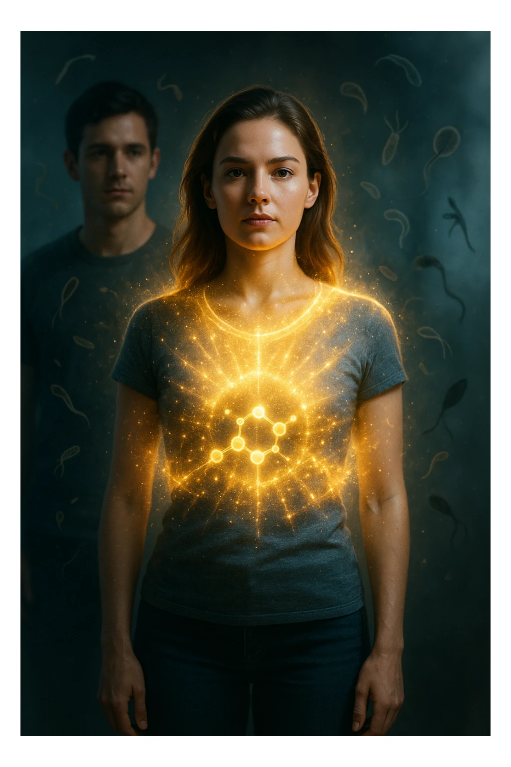 A hyper-realistic, cinematic image showing a young woman with a glowing, radiant aura symbolizing a very strong immune system. She stands confidently, surrounded by a dynamic shield of light particles and molecular energy swirling around her body, especially focused around her abdomen and chest. Against this luminous barrier, faint translucent representations of parasites—small worm-like and protozoan shapes—attempt to approach her but are visibly repelled or disintegrating upon contact with the shield. Nearby, a young man representing her boyfriend is shown with subtle, shadowy parasite silhouettes near him, some reaching toward her but unable to penetrate her immune defenses. The background is softly blurred to keep the focus on the energetic battle at the forefront, with cool blues and warm golds contrasting to symbolize health, vitality, and defense. The lighting is dramatic yet hopeful, with a cinematic 35mm film style emphasizing sharp detail on her determined face and the swirling protective energy. The overall tone conveys resilience, protection, and the unseen battle inside the body. sticker