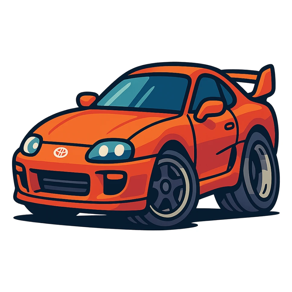 Toyota Supra MK4 three-quarter angle, playful energetic cartoon style, exaggerated wheels, sporty details sticker