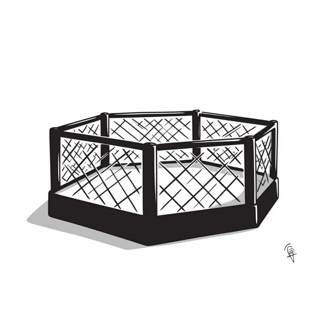 UFC octagon with fence, stylized illustration, bold lines sticker