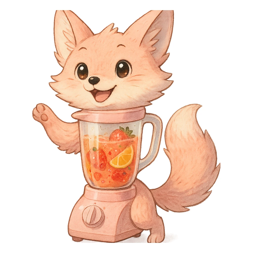 high-quality full-body ghibli style soft fluffy fox as a blender, transparent body containing vibrant realistic fruity smoothie, pastel pink, sparkling eyes, sweet smile, lively joyful pose, highly detailed sticker