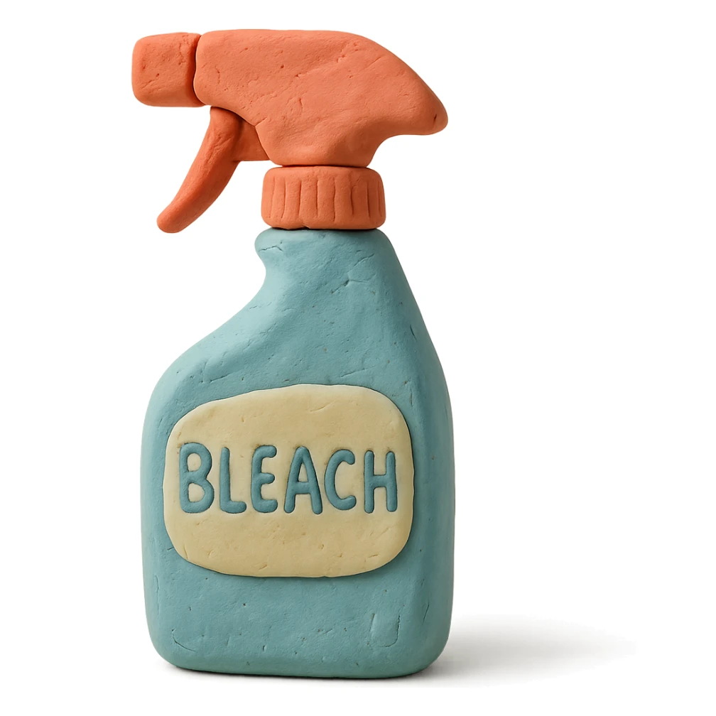 close-up of bleach spray bottle with trigger in claymation style, soft lighting, pastel colors sticker
