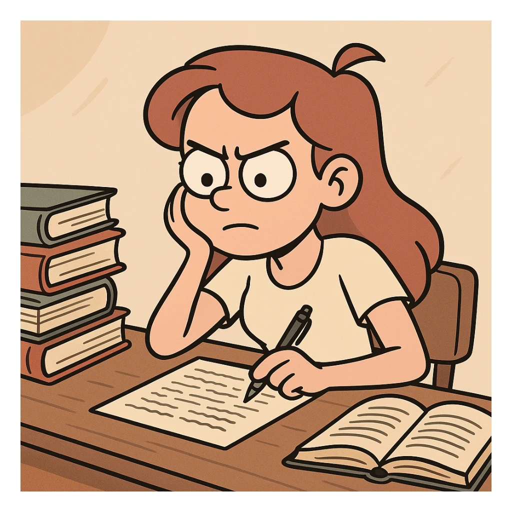 A girl preparing for exams, sitting at a desk with books and notes, looking focused and determined, in a cartoon style. sticker
