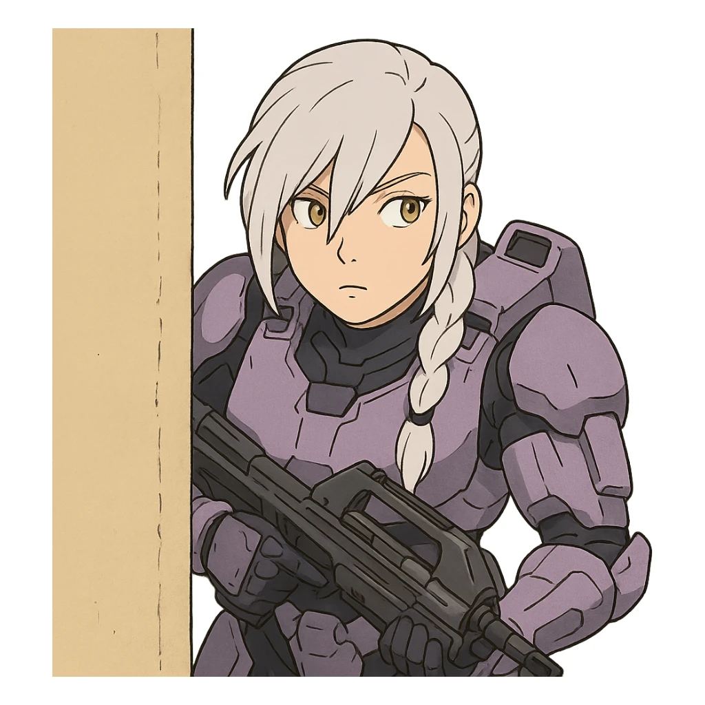female, wearing reach spartan armor default, long white braid hair with massive messy front side single bangs, gold yellow eyes, attention pose, HALO:series, no helmet, the armor is lavender color scheme, shoulder pad off. DDD bust size fitting. Punk gothic cyberpunk, peeking around a corner wall with a classic halo1 ar sticker
