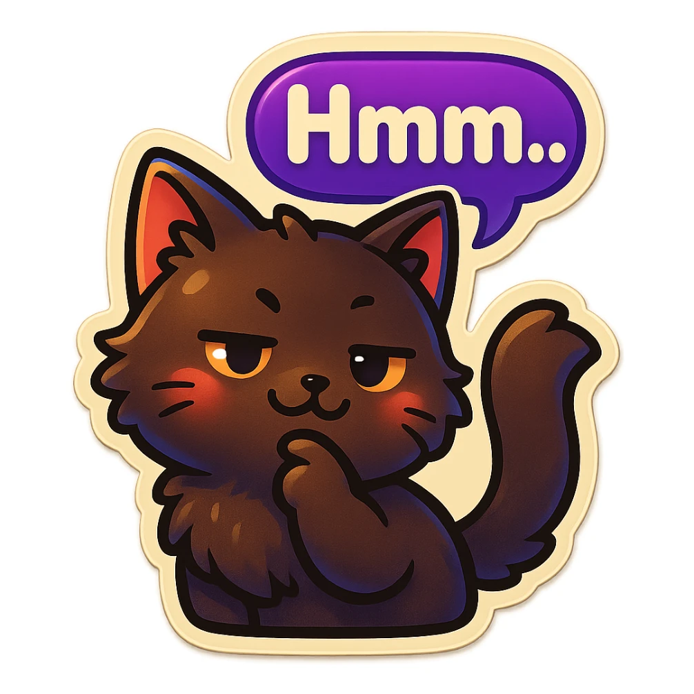 a dark-brown fluffy cute kawaii anime cat thinking smirking thoughtfully, saying “Hmm..” with a purple speech bubble sticker