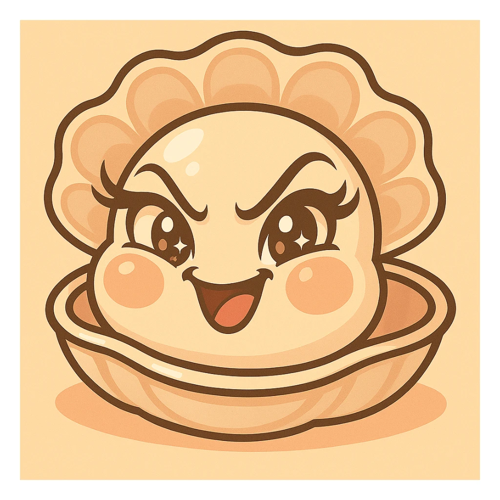 Enhance the contrasts of the image further while maintaining the very mischievous expression, very expressive and luminous eyes, elegant eyelashes, and the pastel toon style. Accentuate the pastel, pearly, cream, peach, and greige nuances strongly. Keep the big shell, the small oyster, and the background as is. sticker