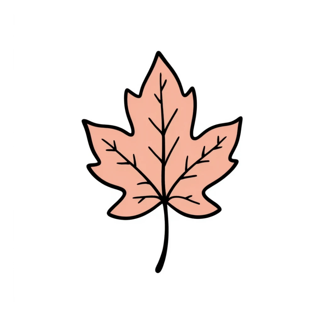 An autumn leaf with detailed veins in pastel colors (dd9fb0, ffc6d3, a3bfc9, c4bee2, f1b091), hand-drawn doodle style sticker