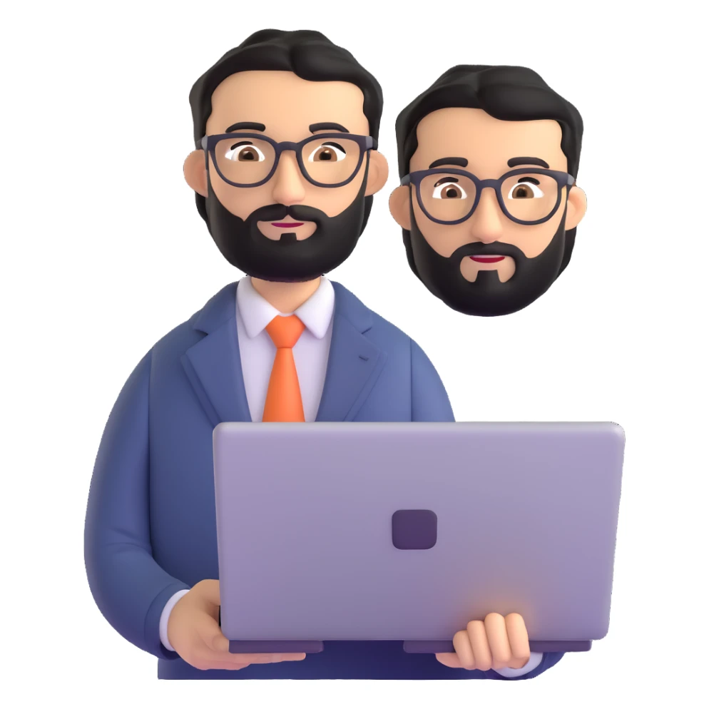 same professional man with medium black beard, neat black hair, connected unibrow, olive tan skin, brown eyes, glasses, prominent nose, in business casual attire, holding laptop under arm sticker