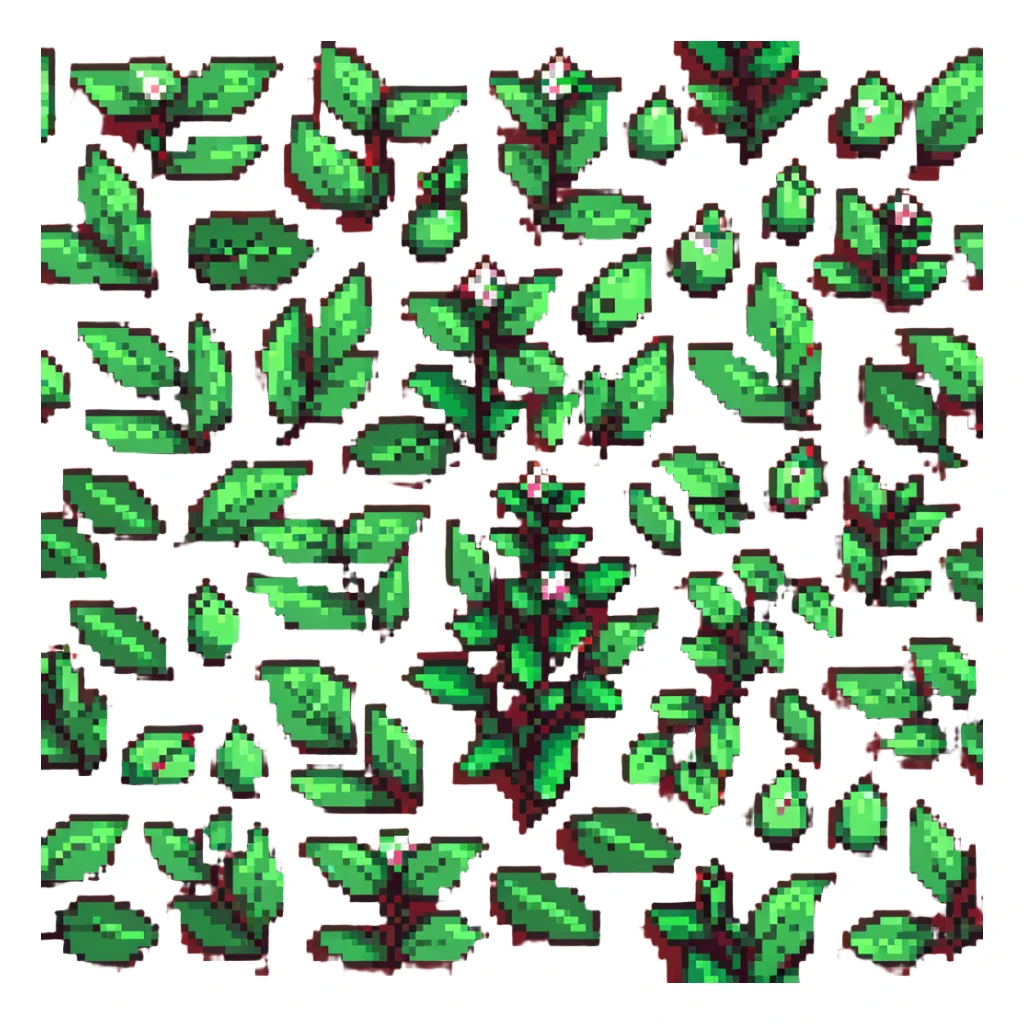 Green tea buds and leaves, pixel art style sticker