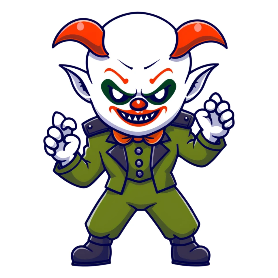 evil clown warrior, bald, short horns on forehead, fangs, pointed ears, black and military green leisure suit, battle-ready fighting posture sticker