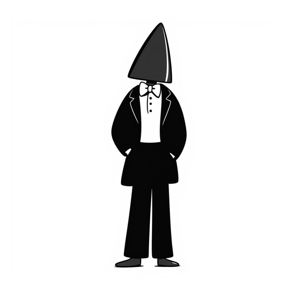 Coneheads man with a cone-shaped head, wearing a bow tie, hand-drawn doodle style sticker