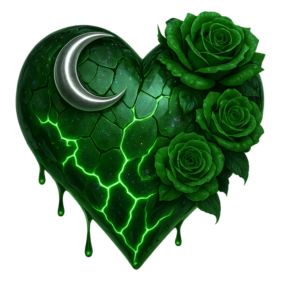 Edit the gothic heart to use fractured deep green glass, silver crescent moon, green roses, iridescent holographic stardust, neon lightning bolts, and a wet, shiny finish. Keep the background transparent. The style should maintain the gothic heart's original look with a transparent background. sticker
