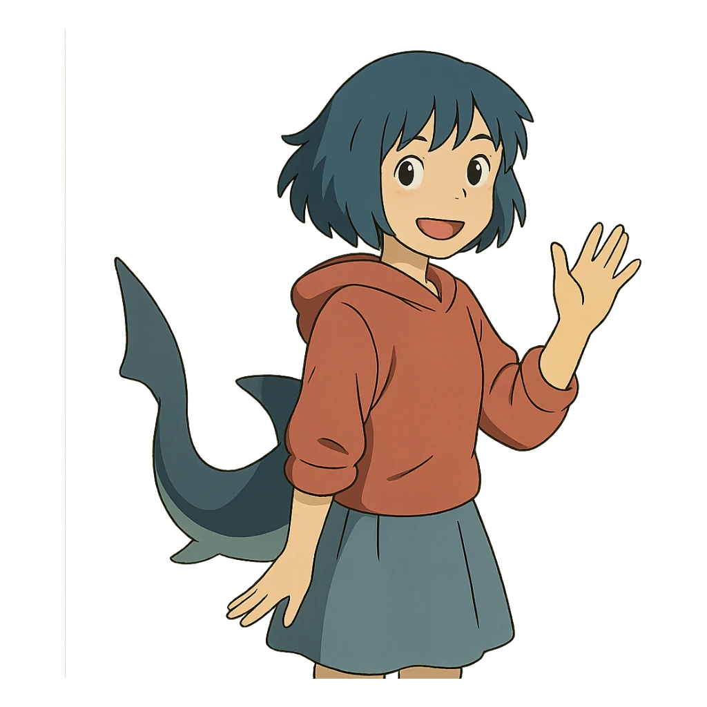 anime girl with short blue hair and shark tail, friendly sticker