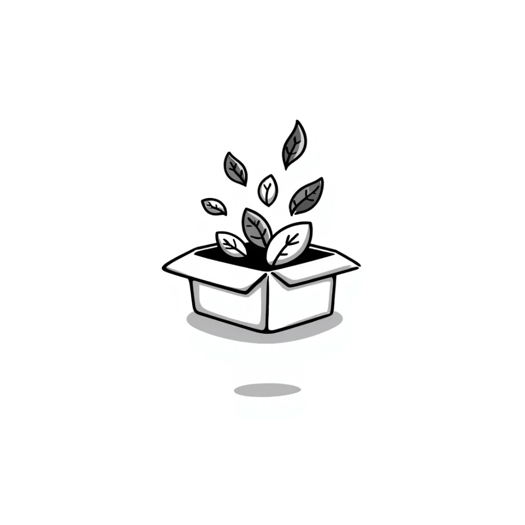 leaves bursting out of a gift box, hand-drawn doodle style sticker