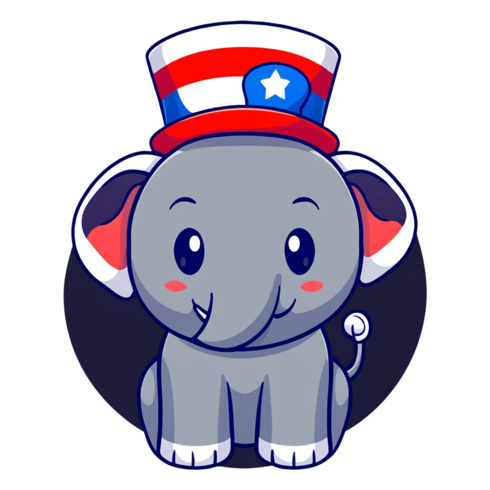 cute red elephant, simple flat design, round shape, patriotic top hat, cartoon sticker style sticker
