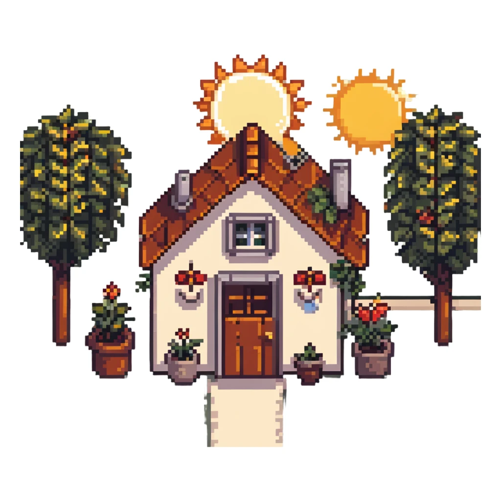 dream life as a pixel art scene with a small home, garden, and sun sticker