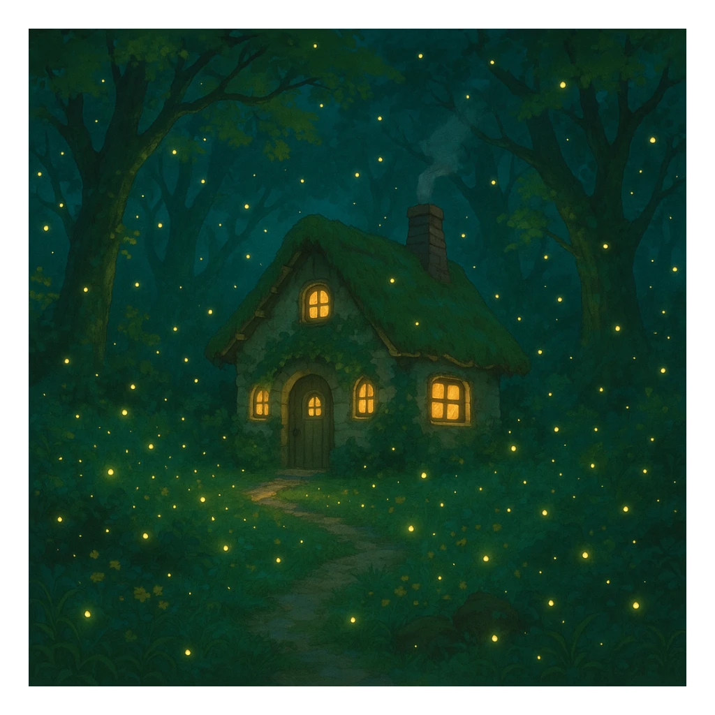 whimsical forest scene with glowing fireflies and a small cottage sticker