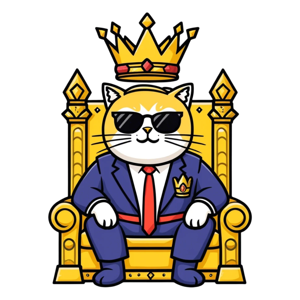 Donald Trump wearing a crown sitting on a throne Cat with sunglasses sticker