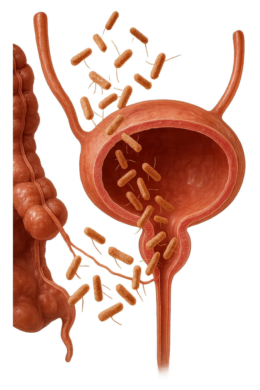 batteri intestinali che migrano ed entrano in una vescica anatomica realistica per infettarla, iperrealistico 4k sticker