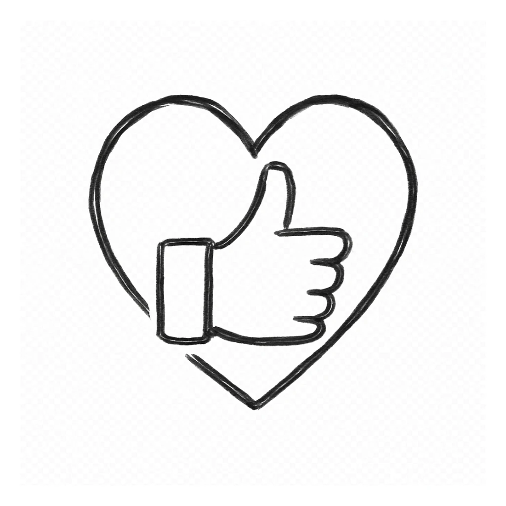 minimalist green thumbs up with heart-shaped outline around it, hand drawn black outline style, white clean background, calm and secure sticker