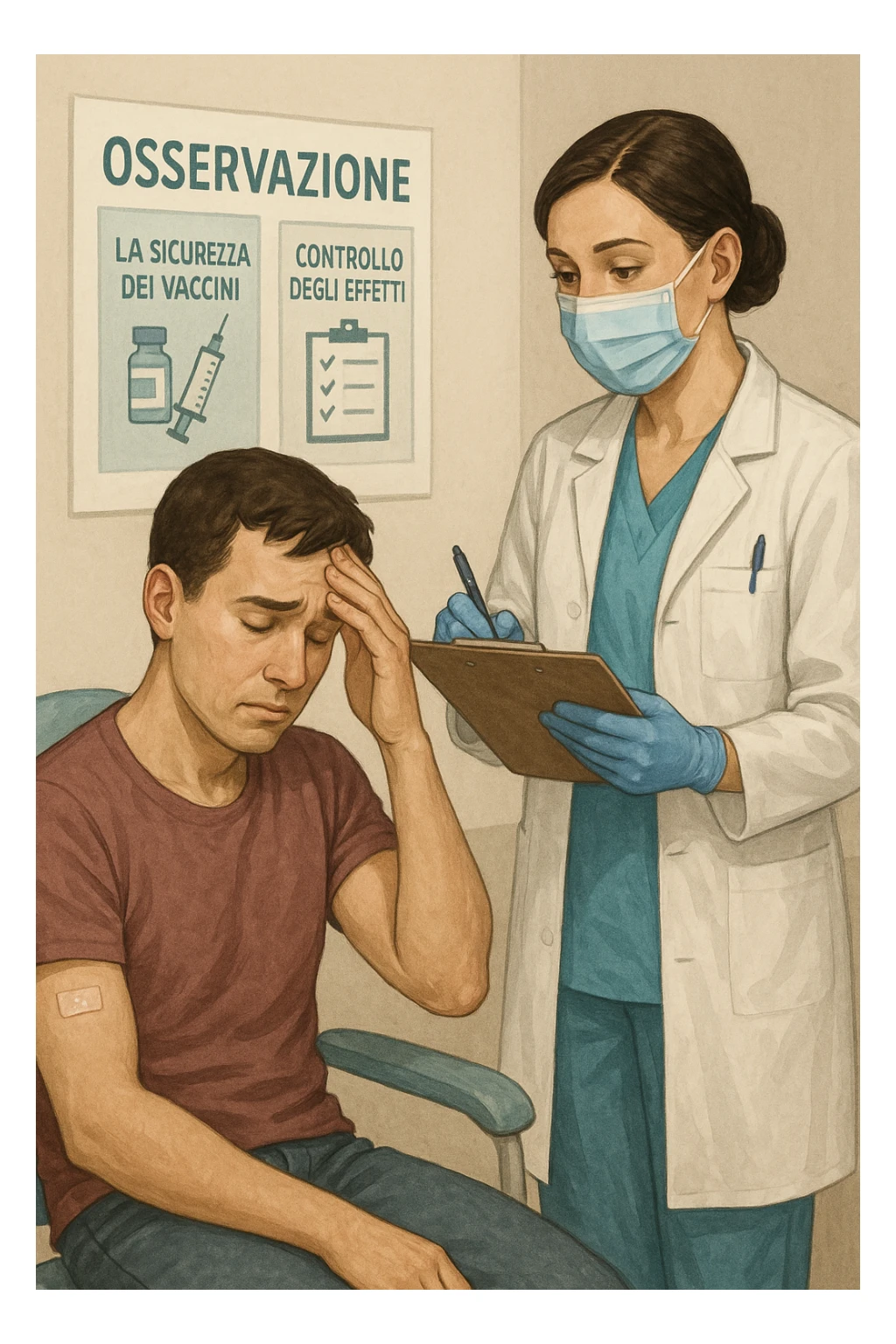 Vertical, educational medical illustration: a healthcare professional observes a patient who appears unwell after receiving a vaccine. The patient sits in a clinic chair, showing mild symptoms such as fatigue or headache, while the professional takes notes and offers reassurance. The background includes educational posters about vaccine safety and monitoring. realistica in italiano sticker