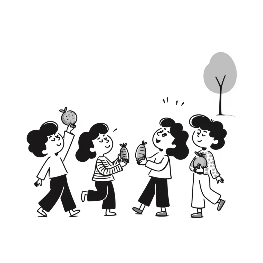 healthy boys and girls running around playing with some eating fruit sticker