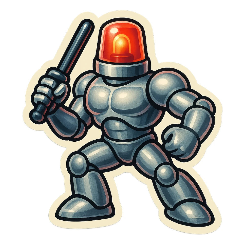 silver muscular robot with a red police light head, holding a futuristic baton, retro stickers style sticker