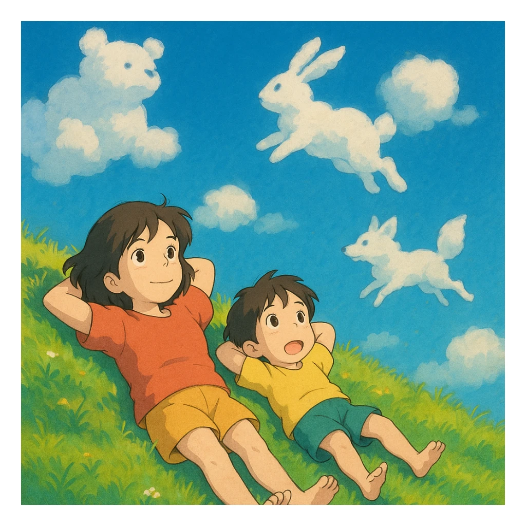 Two siblings lying on a grassy hill, gazing up at drifting cloud animals. sticker