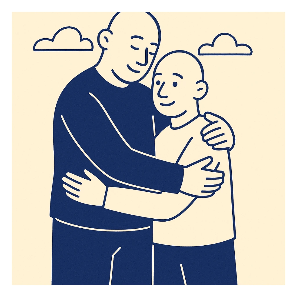 two bald men of different heights hugging, modern flat illustration sticker