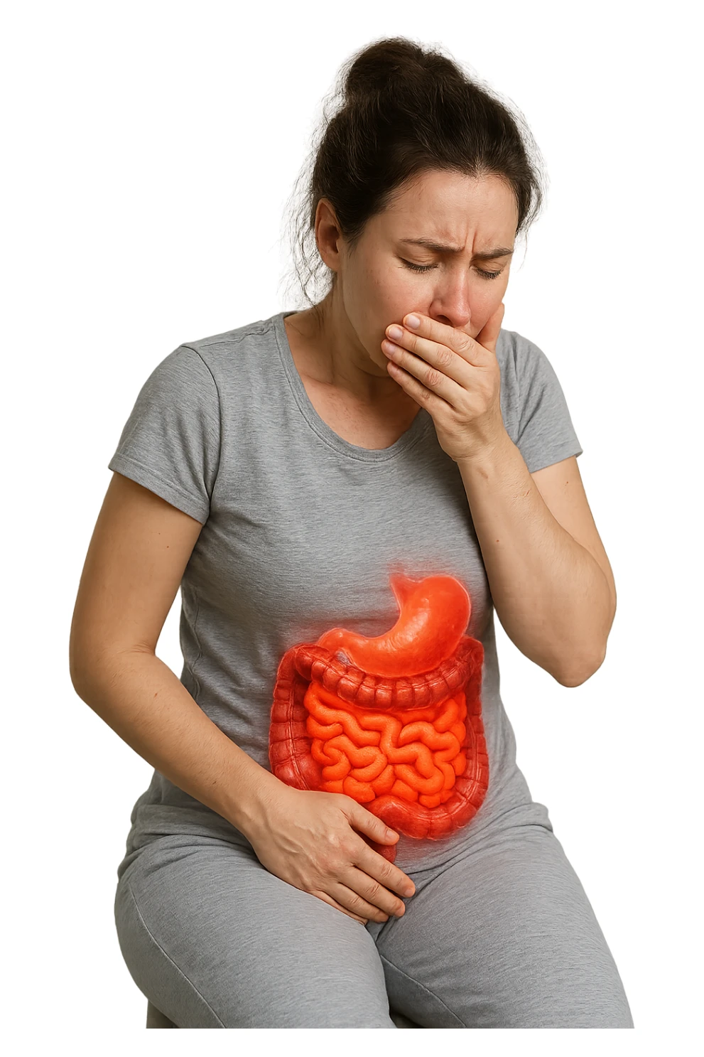 donna che ha post partum che soffre di nausea, intestino realistico in evidenza, iperrealistico, non disegnato sticker