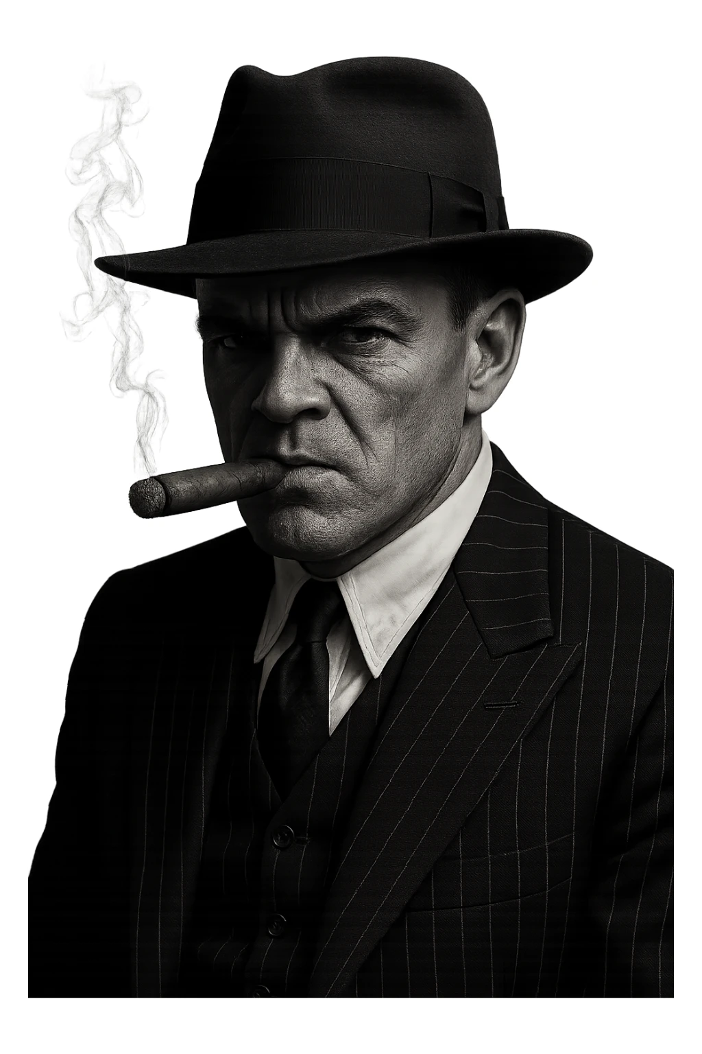 Remove the background to make the 1920s Chicago mobster on a transparent background, while preserving the noir style and details of the image. sticker