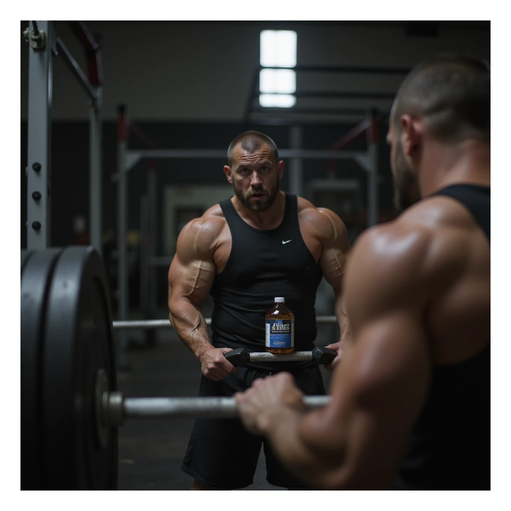 realistic powerlifter performing deadlift in front of mirror, reflection shows bottle of AAS in background, expression torn between curiosity and doubt, isolated on white background sticker