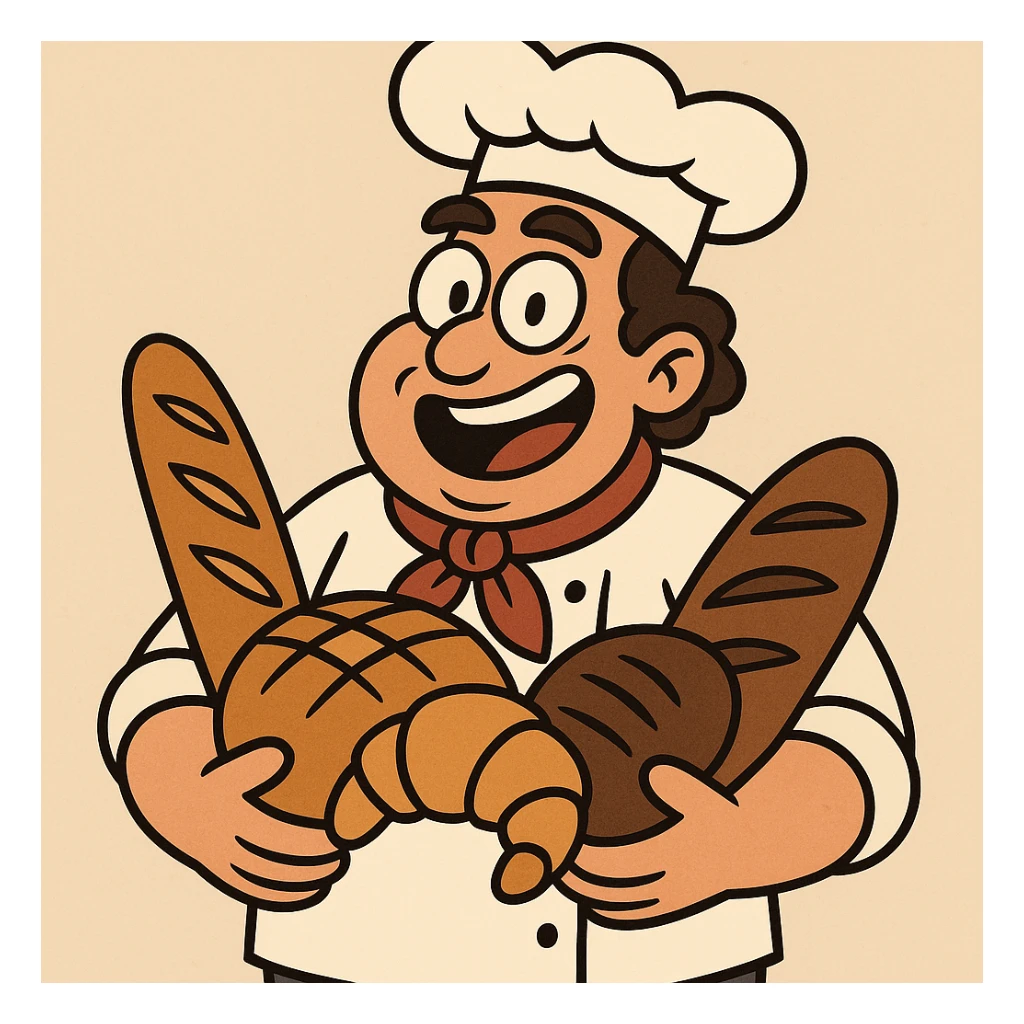 baker holding various breads, wearing baker's hat, lively atmosphere, simple illustration sticker