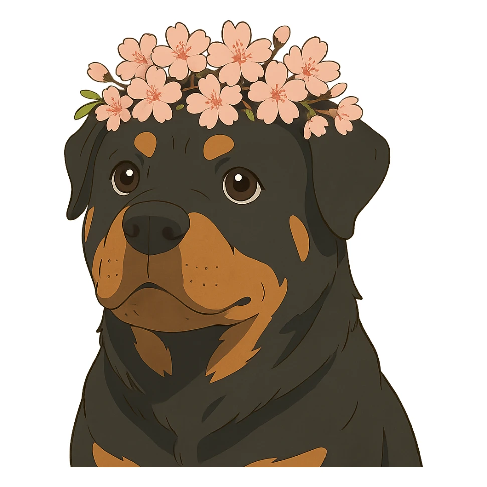 rottweiler with a cherry blossom flower crown in ghibli style sticker