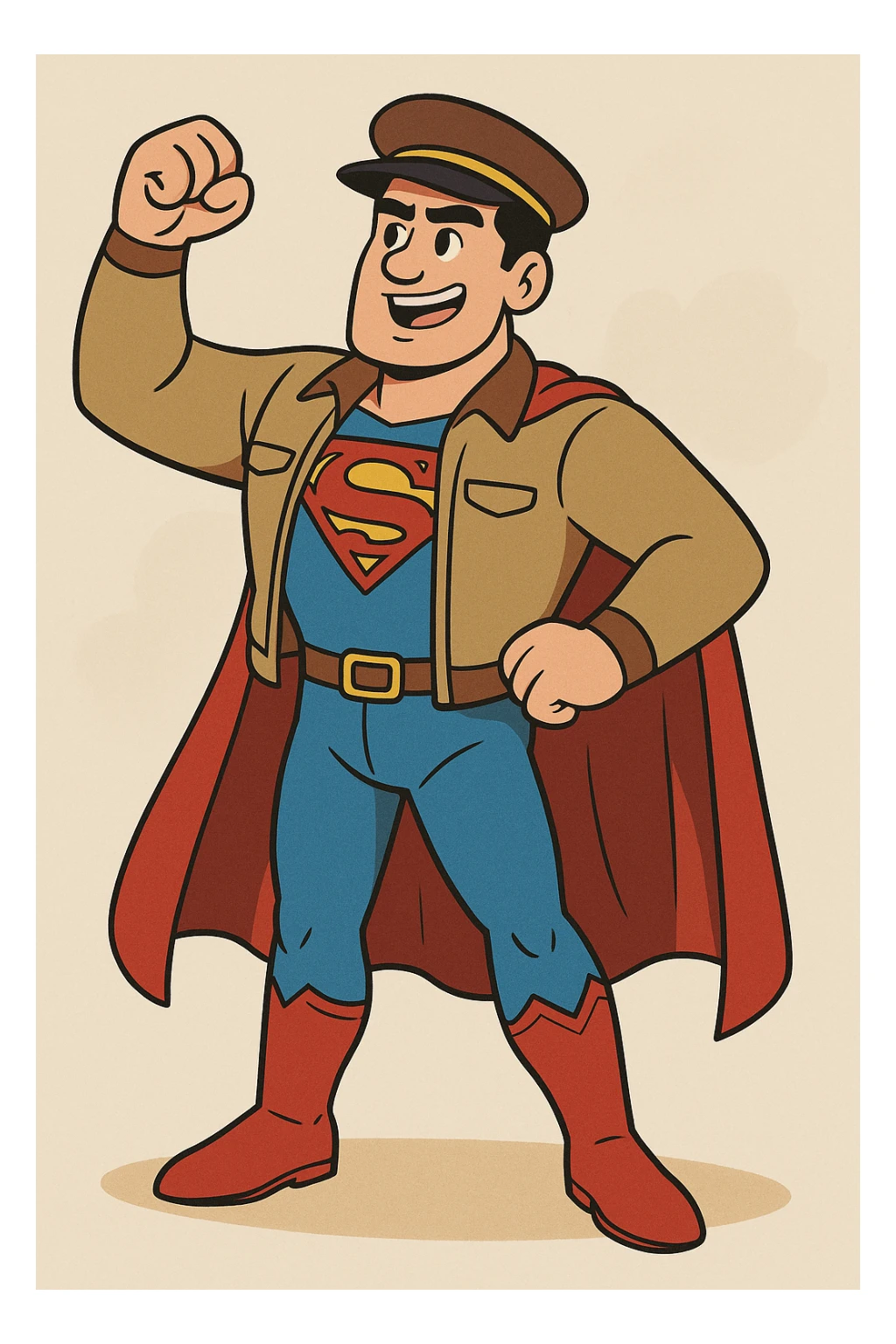 Superman wearing driver clothes, heroic pose, vibrant colors, cartoon style sticker
