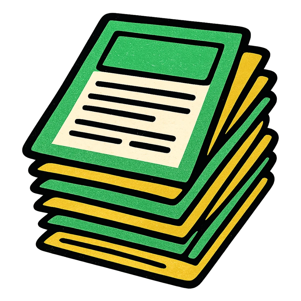 stack of papers or paperwork, professional style, green gold and white color scheme, bold and clear, suitable for digital use sticker