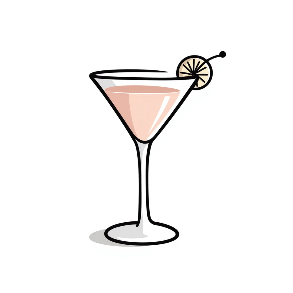 A fancy cocktail glass with decorative garnish in pastel colors (dd9fb0, ffc6d3, a3bfc9, c4bee2, f1b091), hand-drawn doodle style sticker