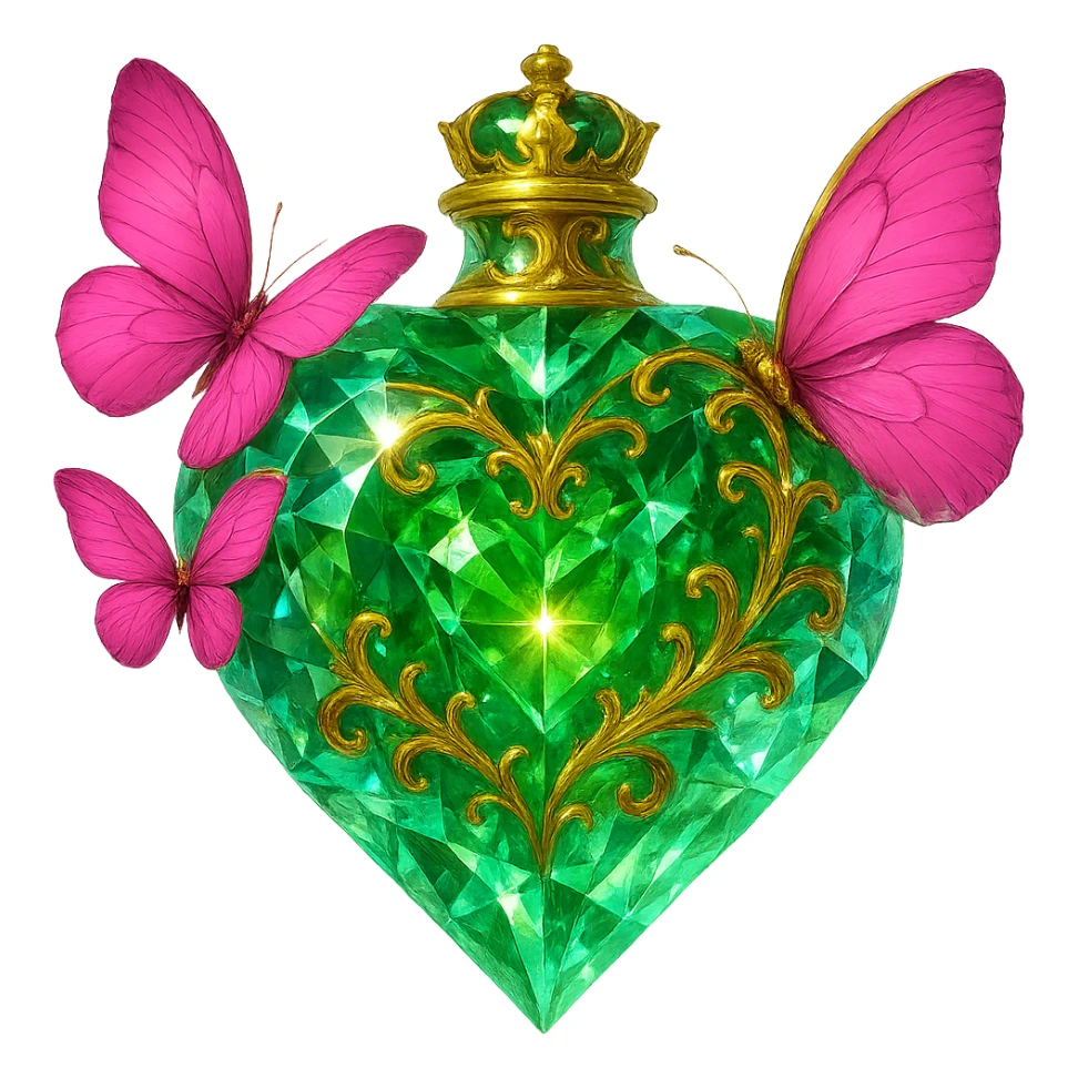 Make the bottle clearly crystalline with visible edges, strong glow, light reflections, and transparency to resemble a gemstone. Keep the green heart shape, golden details, and pink butterflies attached to the bottle. The background should be transparent with a beautiful merging bottom, the bottle should appear floating in the air, and have a small crown as the stopper on top. The design must be elegant, bright, with no base or shadow. Style: elegant, bright, gemstone-like crystalline bottle with green heart, gold details, and pink butterflies, transparent background, floating, small crown stopper. sticker