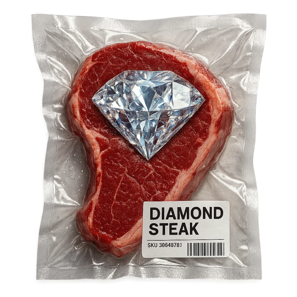 meat steak with sparkling diamond facets, glossy and puffy sticker