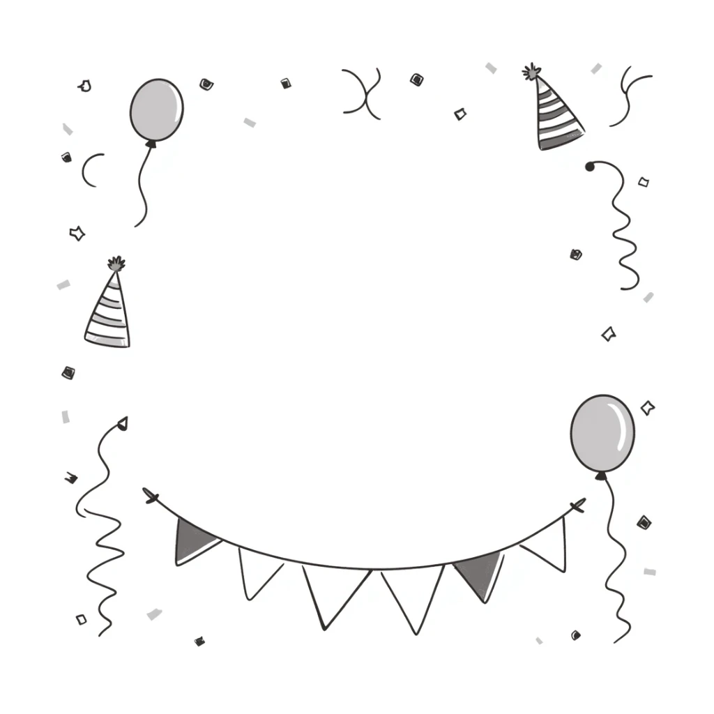 Festive party decorations including balloons, streamers, confetti, party hats, and bunting flags. Using specific pastel colors (dd9fb0, ffc6d3, a3bfc9, c4bee2, f1b091). Hand-drawn doodle style with playful, celebratory elements arranged in a decorative composition. Transparent background. sticker