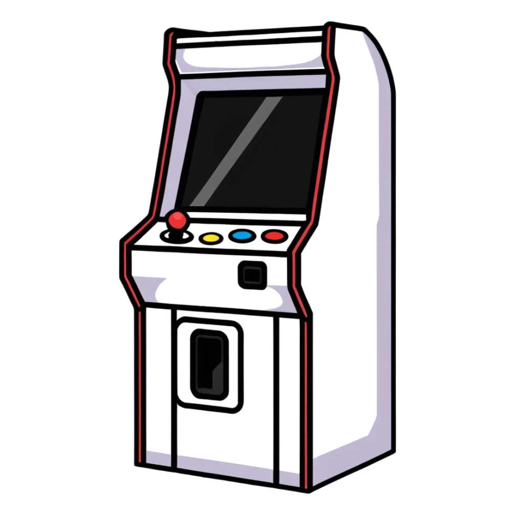 A cute sticker-style arcade cabinet with a smiling face on the screen sticker